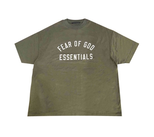 FEAR OF GOD ESSENTIALS T-SHIRT GREEN OLIVE LOGO BEIGE ENFRENTE
